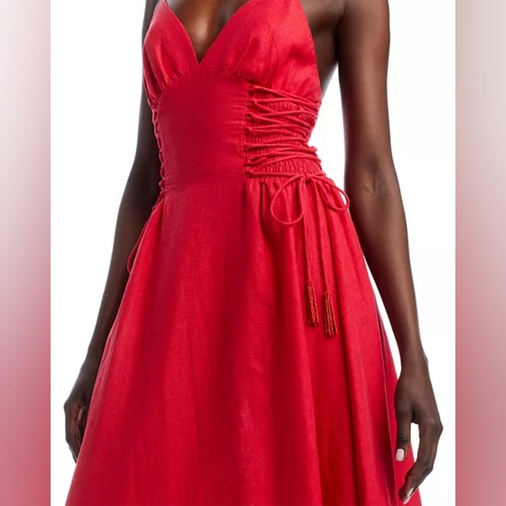 Farm rio Linen-Blend Lace-Up Midi-Dress red sz L,XL BNWT - Picture 4 of 13